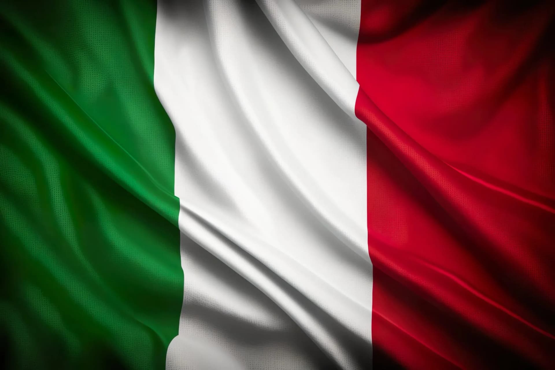 Waving fabric texture of the Italian flag with green, white, and red vertical stripes.