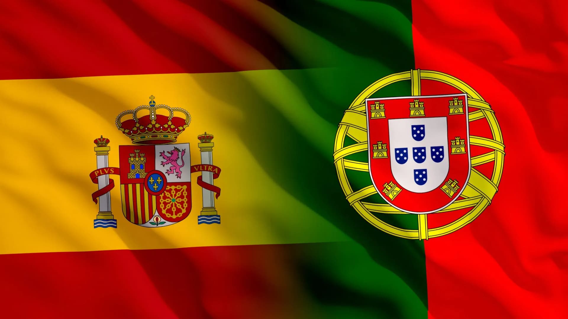 Waving Spain and Portugal flags side-by-side with coats of arms displayed