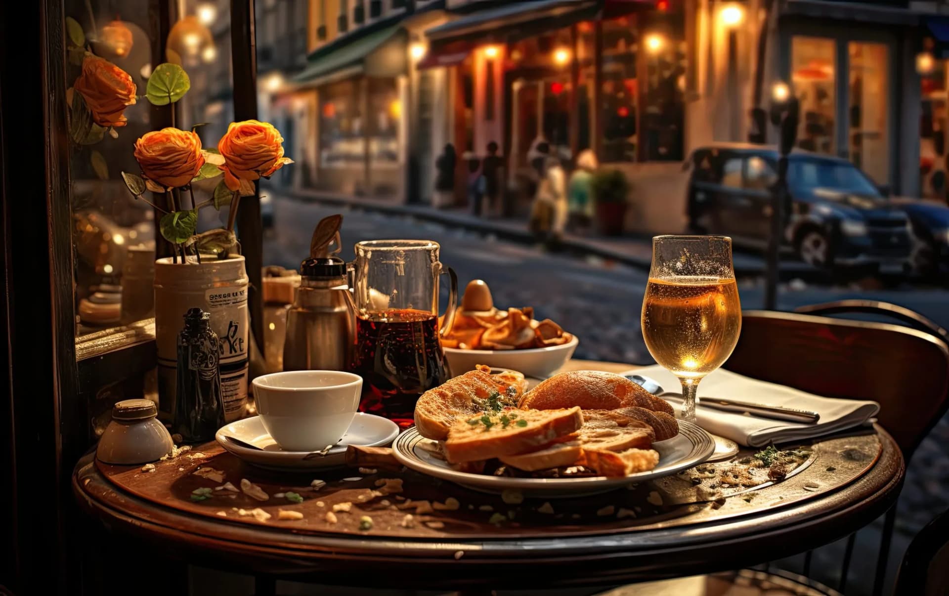 Cafe table with bread, coffee, and beer overlooking a Parisian street at dusk.