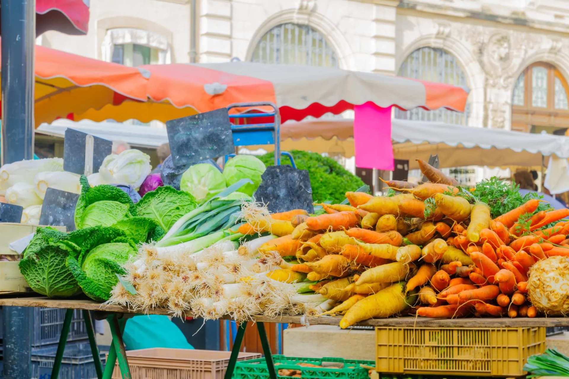 Fresh carrots, leeks, and cabbage displayed at an outdoor market stall in Beaune.