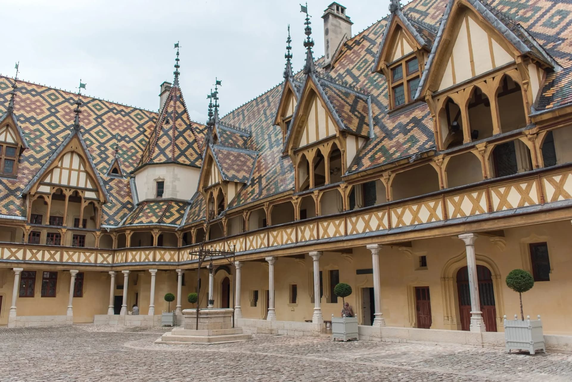 Hospices de Beaune courtyard with colorful patterned tile roof and well in Burgundy