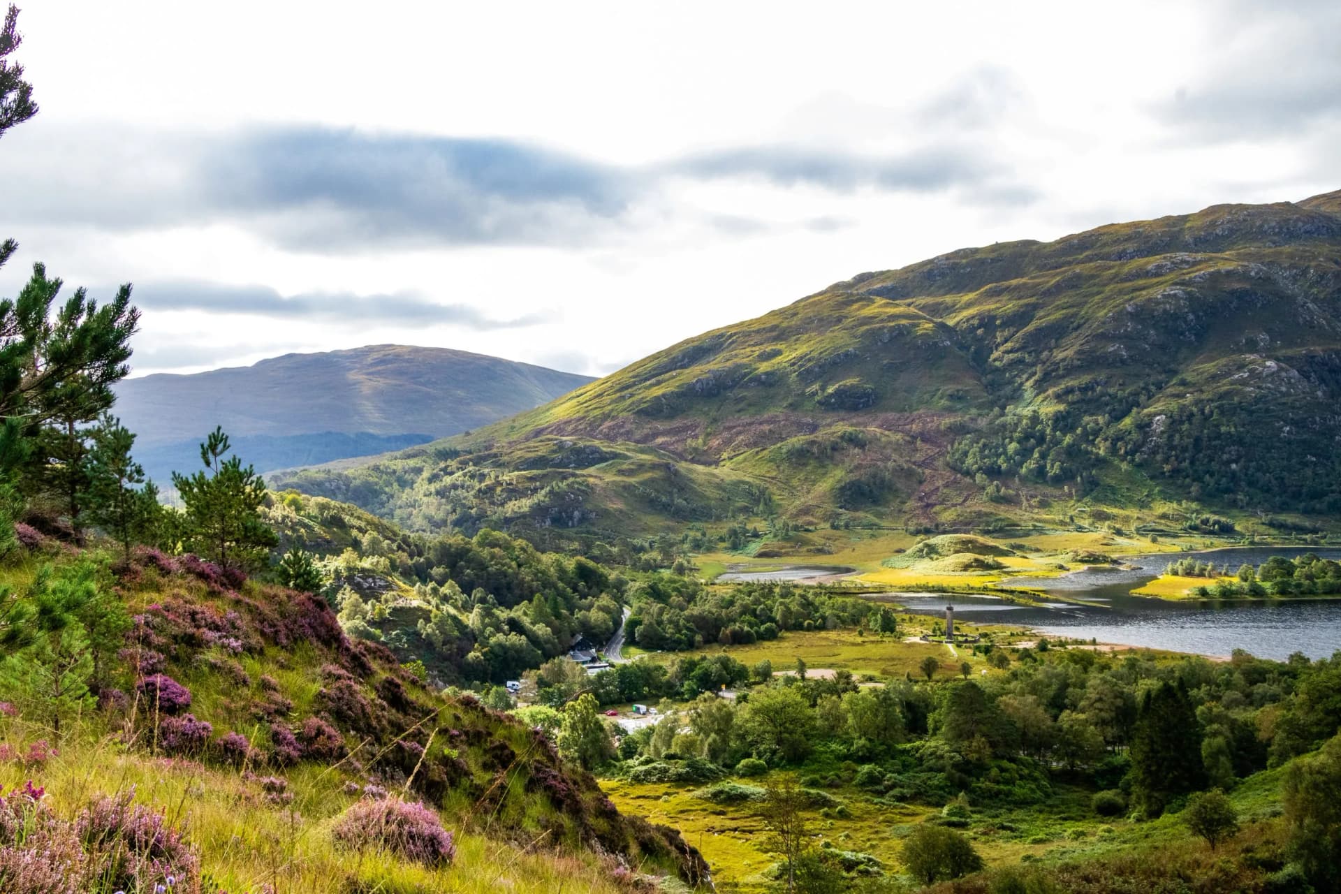 Lush green Scottish Highlands landscape with heather, loch, and distant mountains under cloudy sky