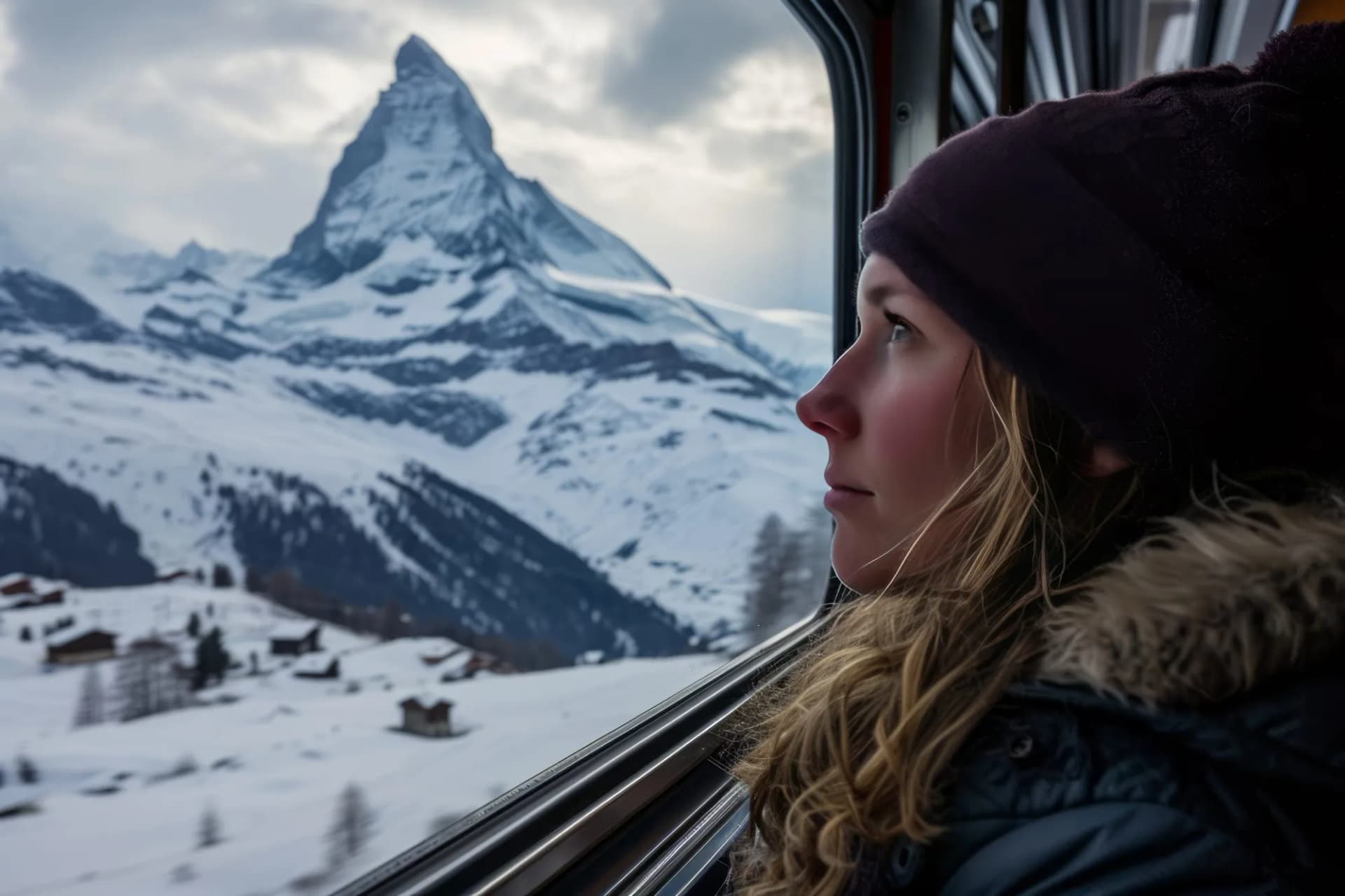 Tourist on train captivated by snowy Matterhorn mountain view near Zermatt, Switzerland.