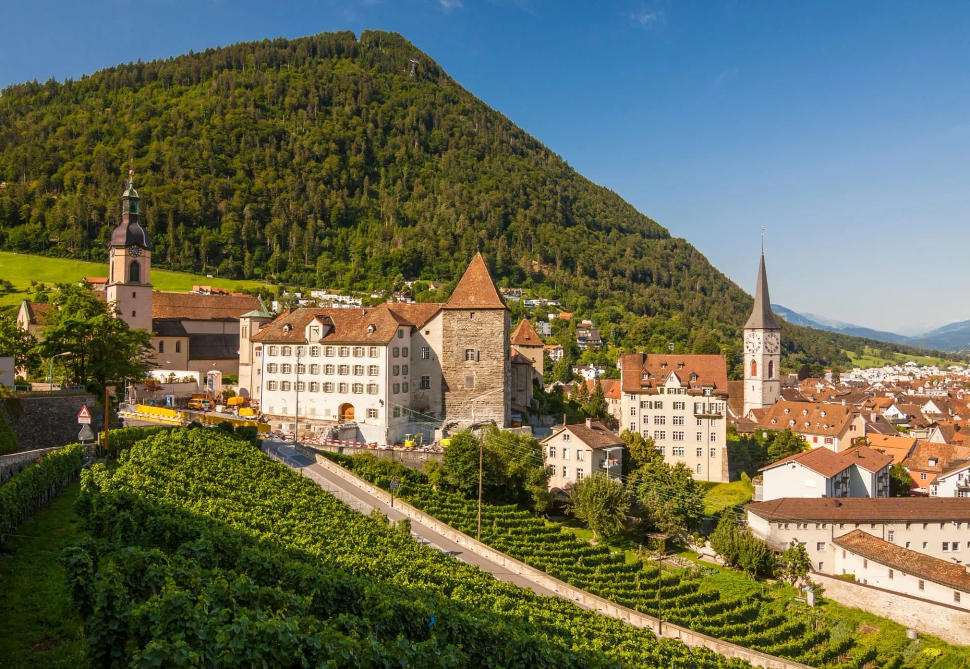 Chur town hall, churches, and towers above green vineyards with forested hill backdrop, Graubünden, Switzerland.