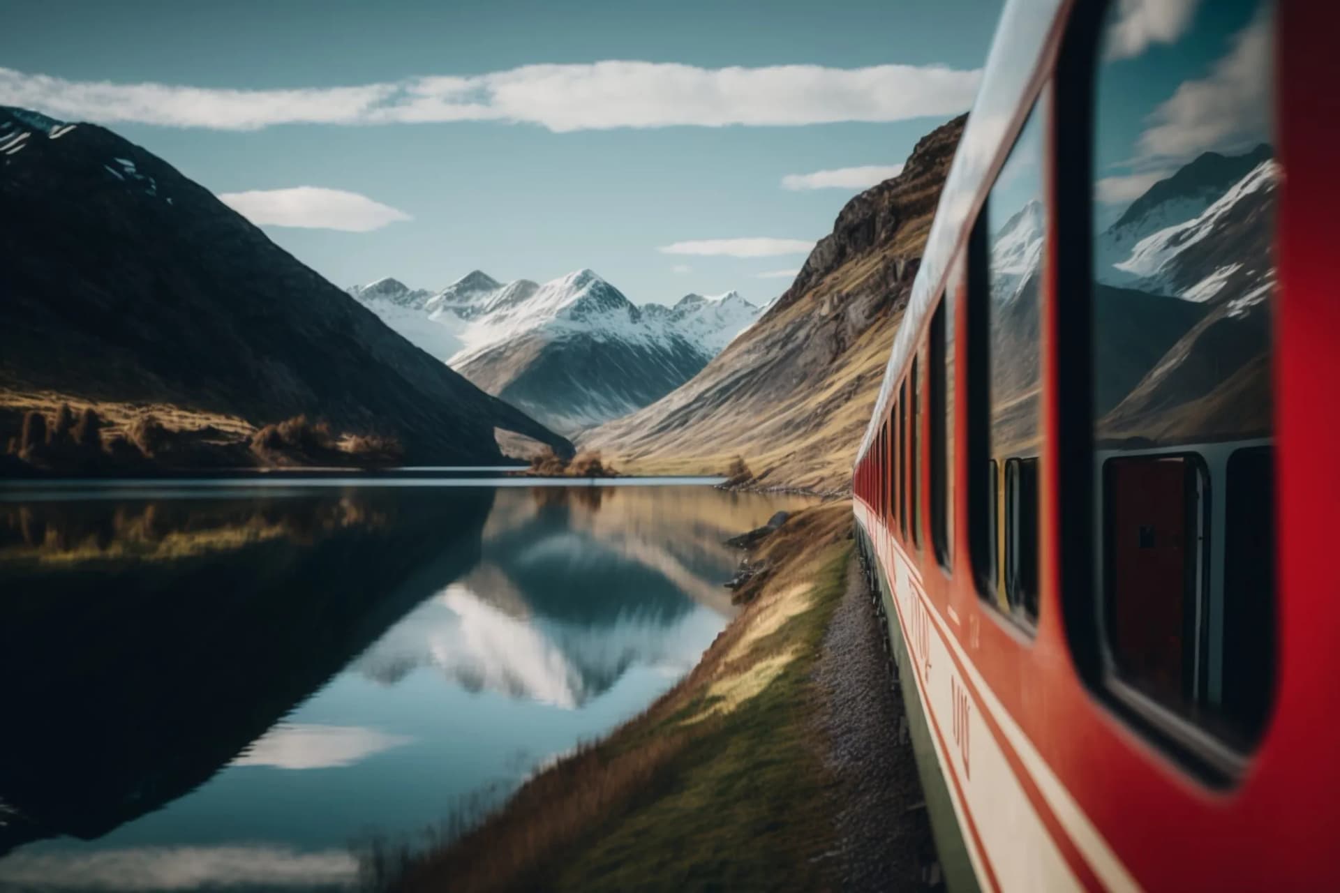 Red train traveling alongside a lake reflecting snow-capped mountains in the Swiss Alps.