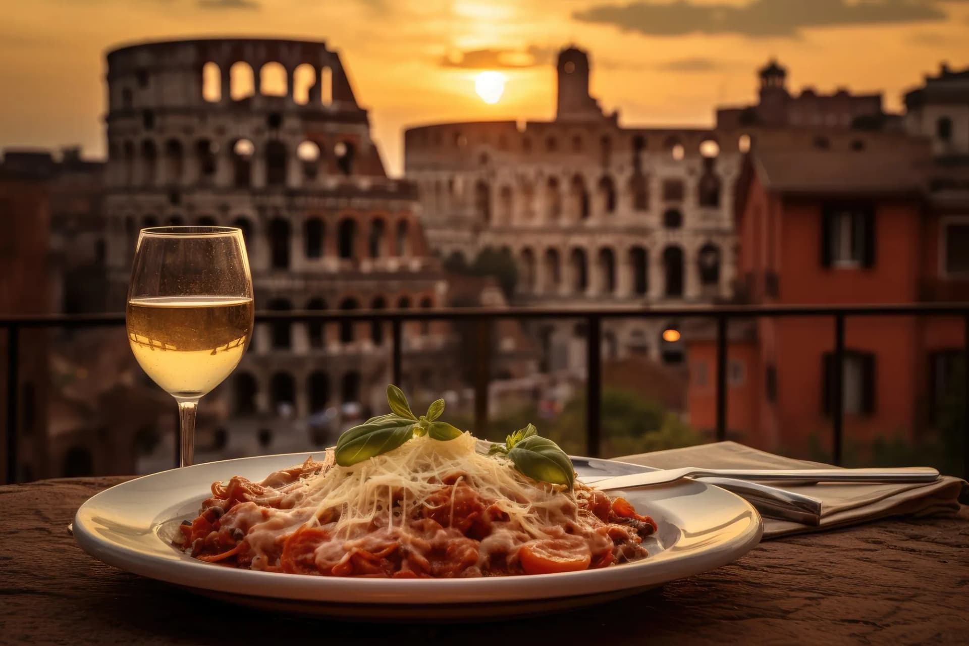 Spaghetti with tomato sauce and basil outdoors, Colosseum in Rome backdrop at sunset.