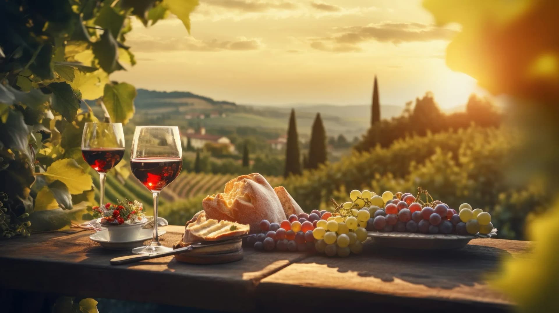Wine, grapes, and bread on wooden table overlooking Tuscany vineyard at sunset