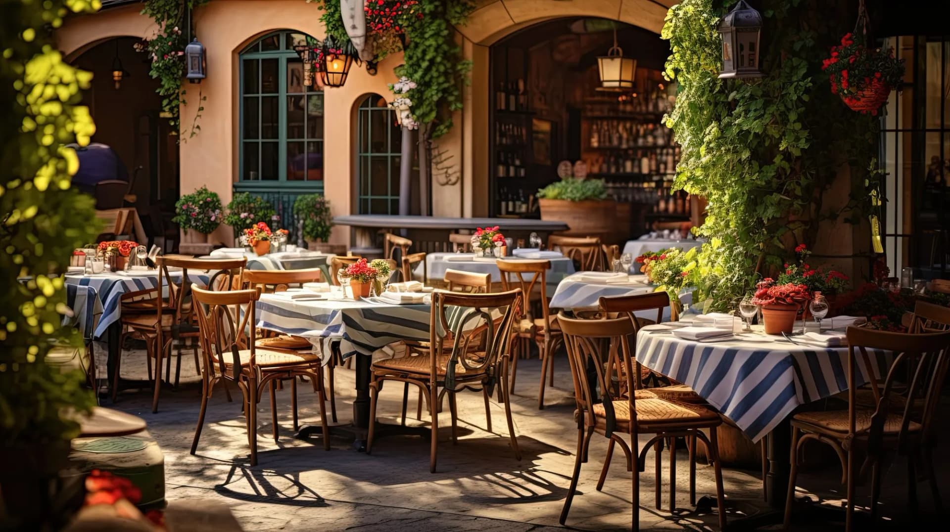 Outdoor trattoria seating with striped tablecloths, wooden chairs, and abundant greenery in sunlight.