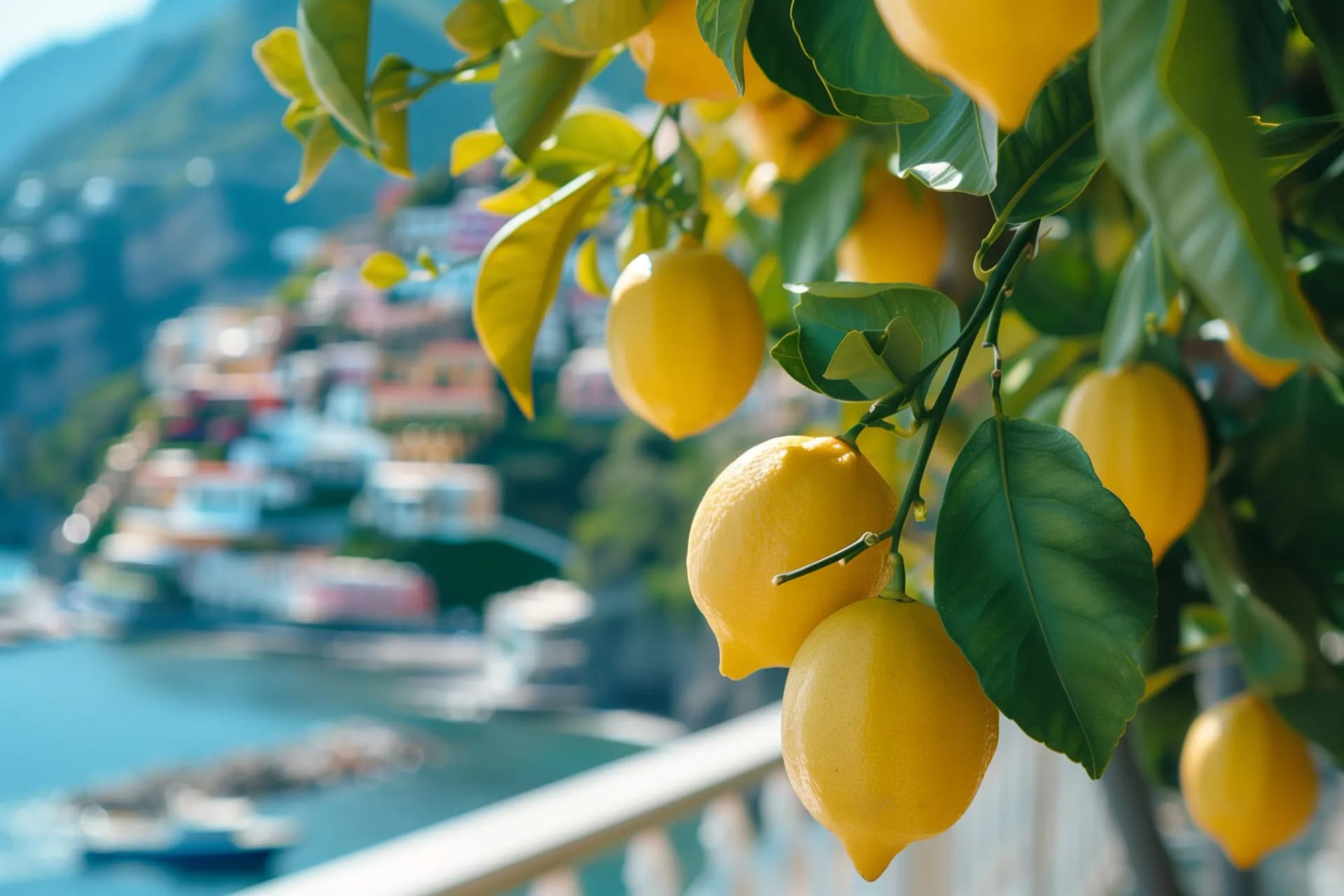Bright ripe lemons on a tree overlooking a Mediterranean city, sea coast, and green mountains.