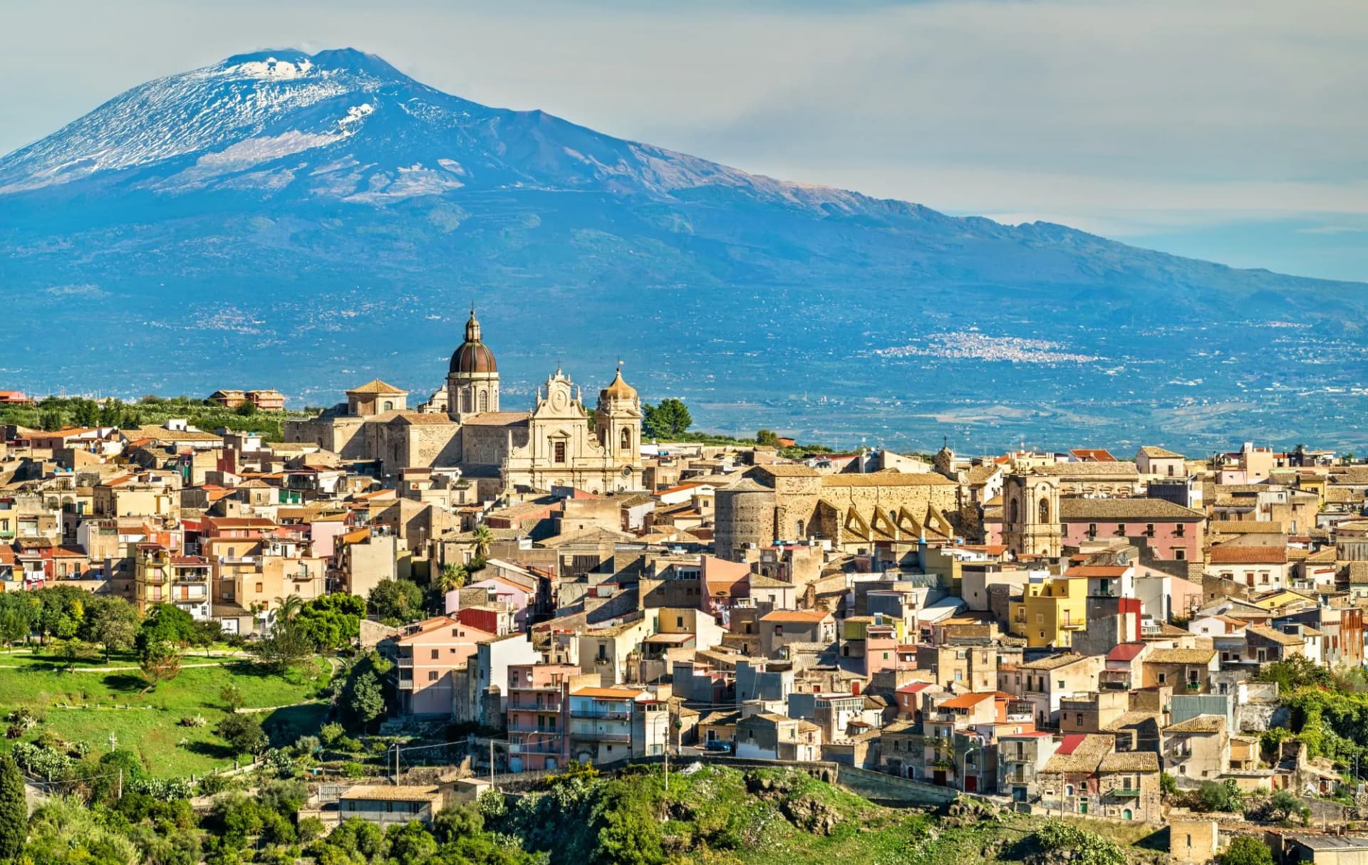 View of Militello in Val di Catania with Mount Etna in the background, Sicily, Italy.