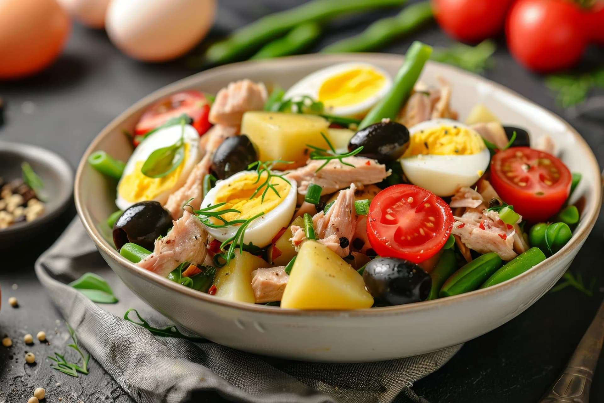 Fresh Salad Niçoise with tuna, hard-boiled eggs, potatoes, olives, and tomatoes on a table.