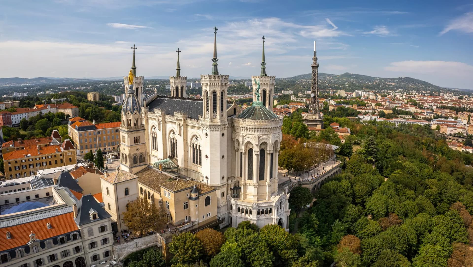 Aerial view of the Basilica of Notre-Dame de Fourvière overlooking the city of Lyon.