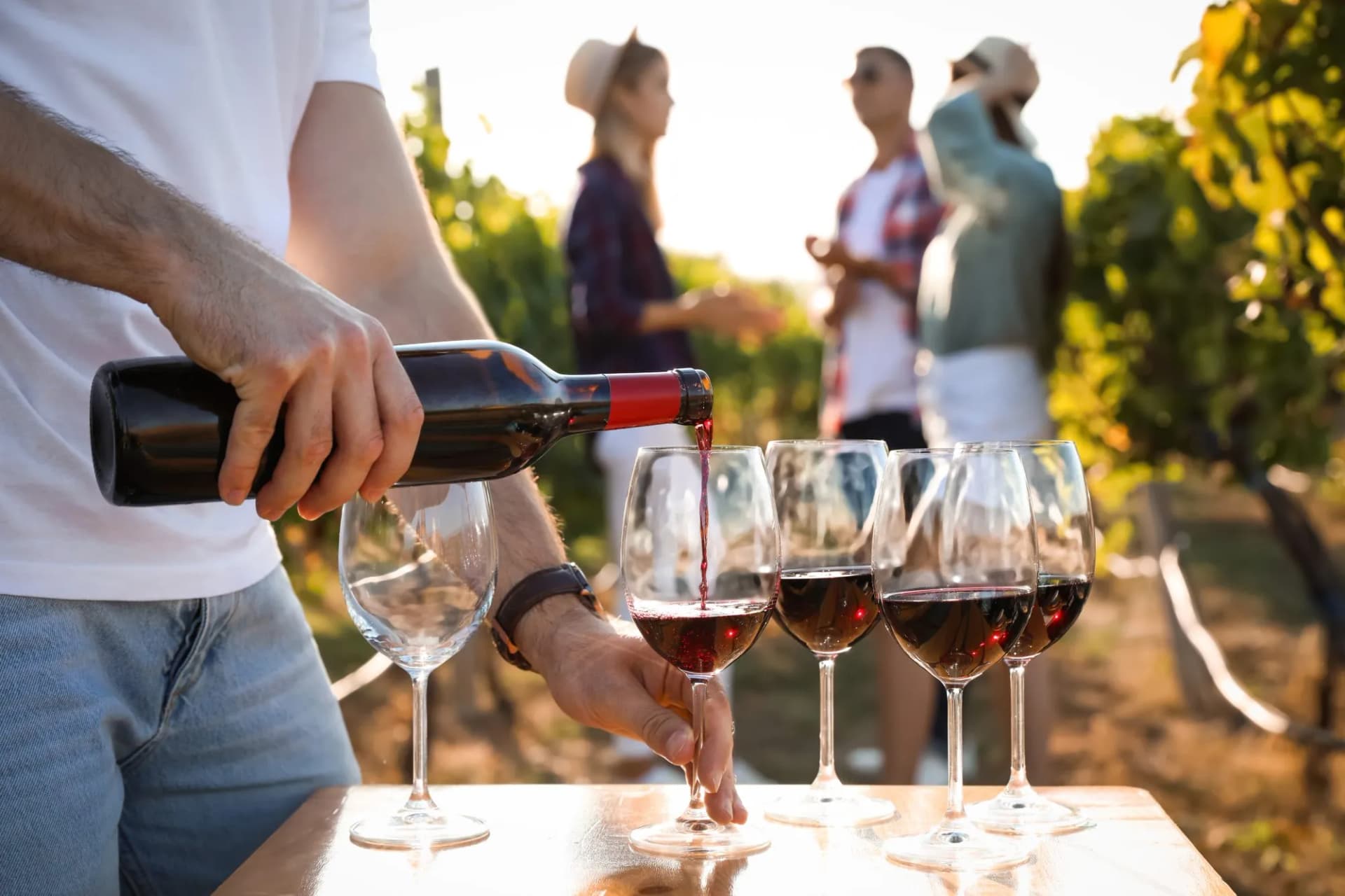Man pouring red wine from a bottle into glasses at a sunny vineyard tasting with people in background.