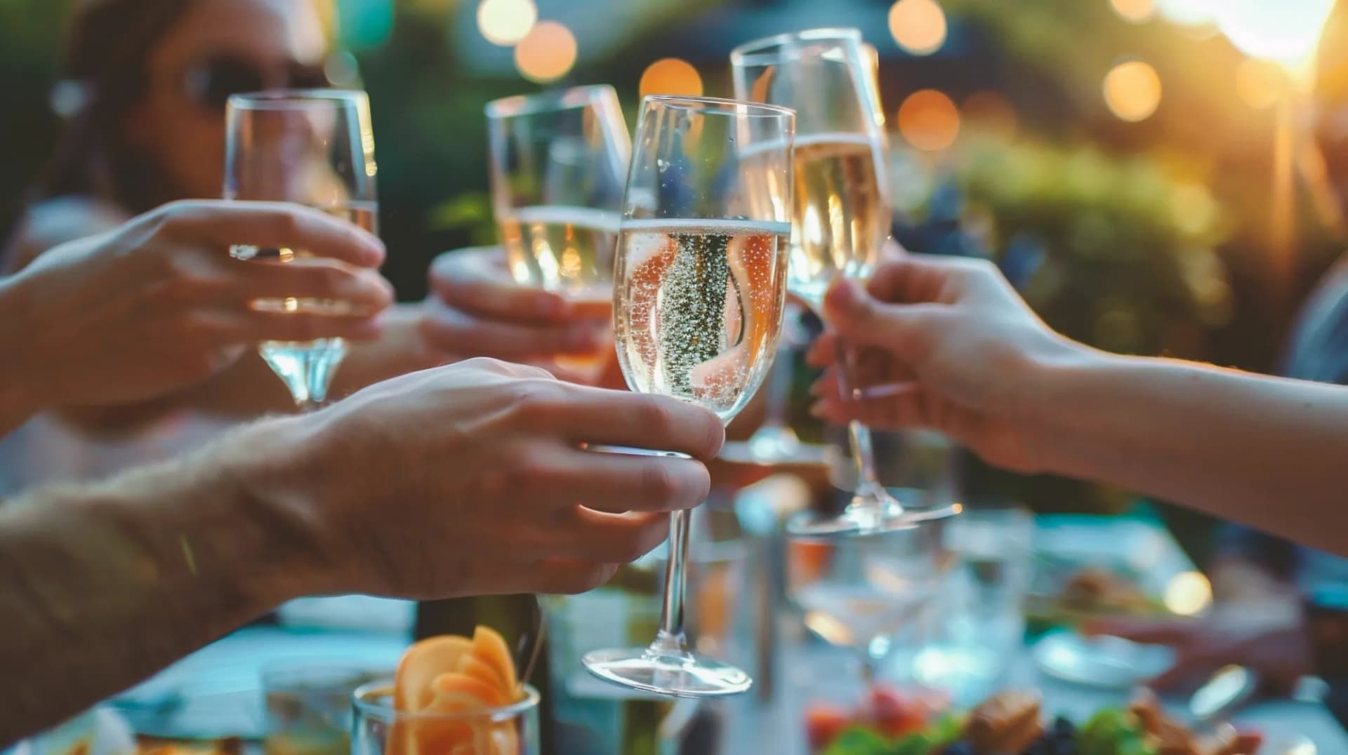 Friends clinking champagne glasses during an outdoor party at sunset with bokeh lights.