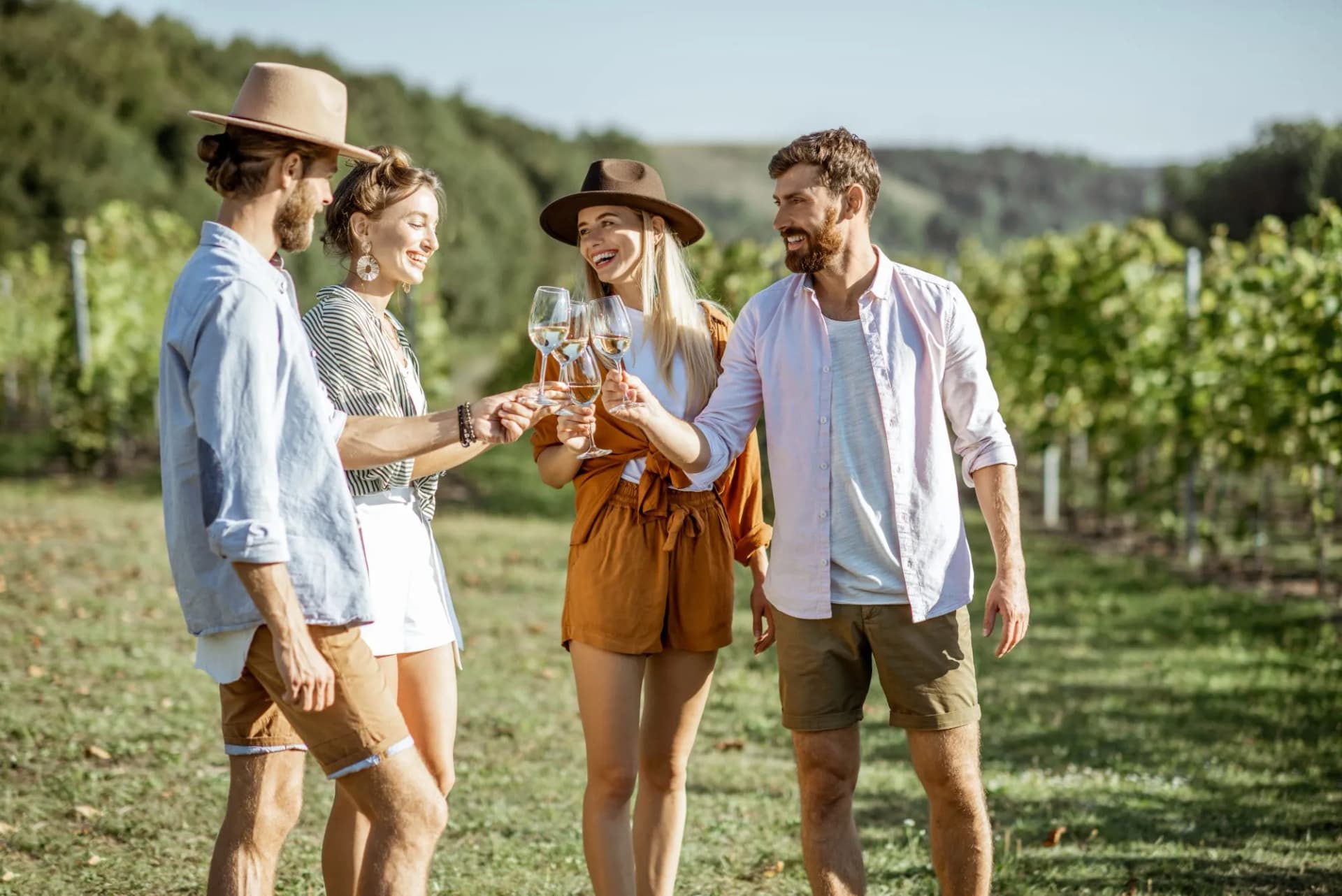 Group of friends tasting wine and clinking glasses in a sunny vineyard setting.