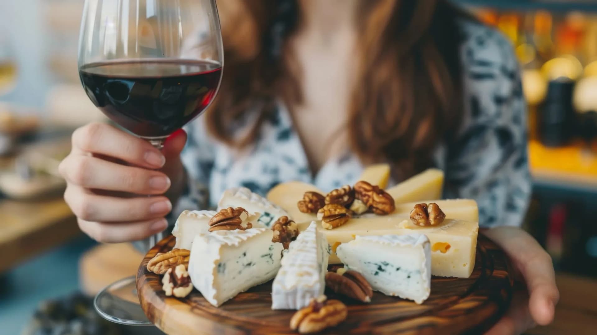 Woman holding red wine and a plate of cheese and walnuts indoors
