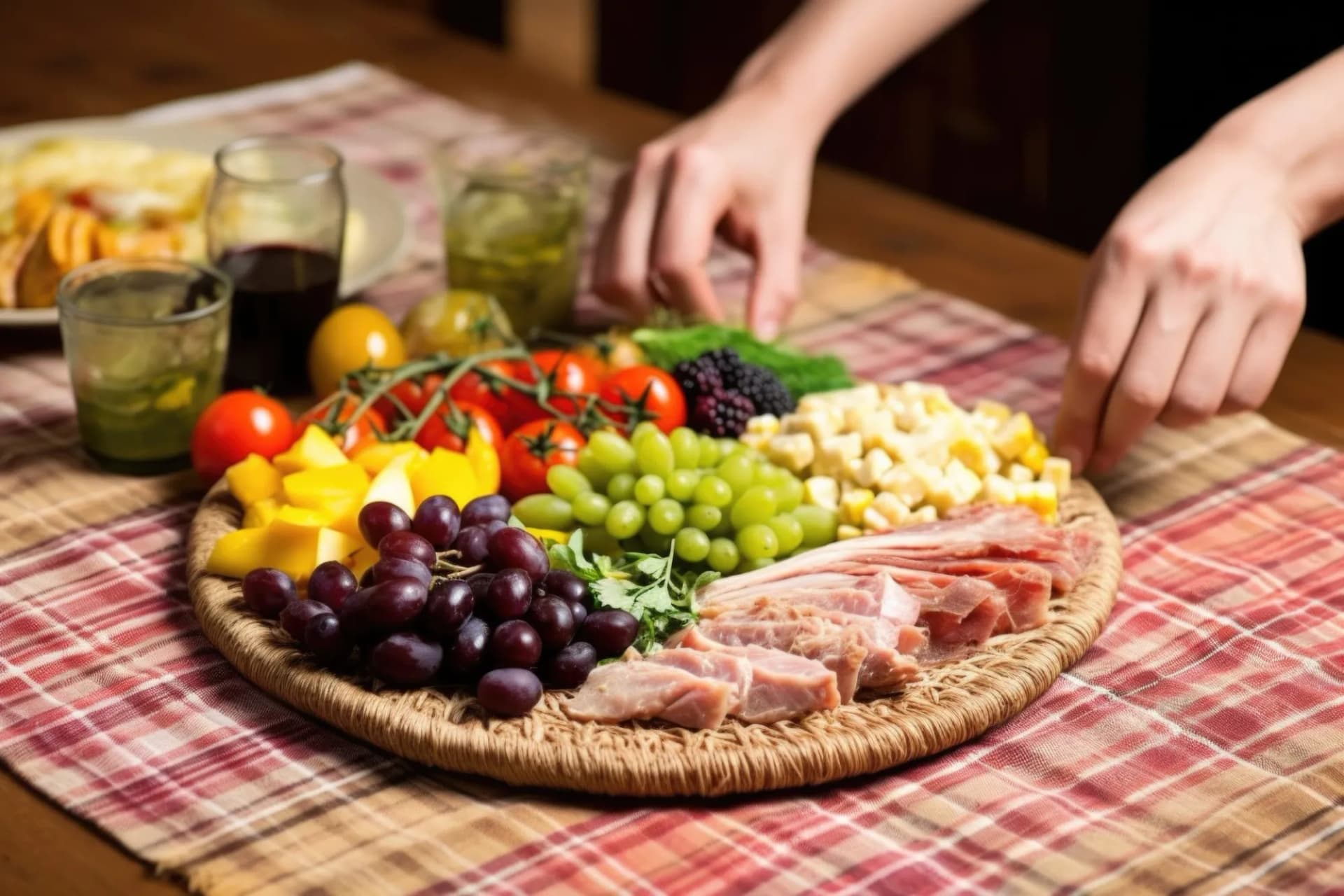 Hands arranging charcuterie board with grapes, cheese, tomatoes, and cured meats on raffia placemat.
