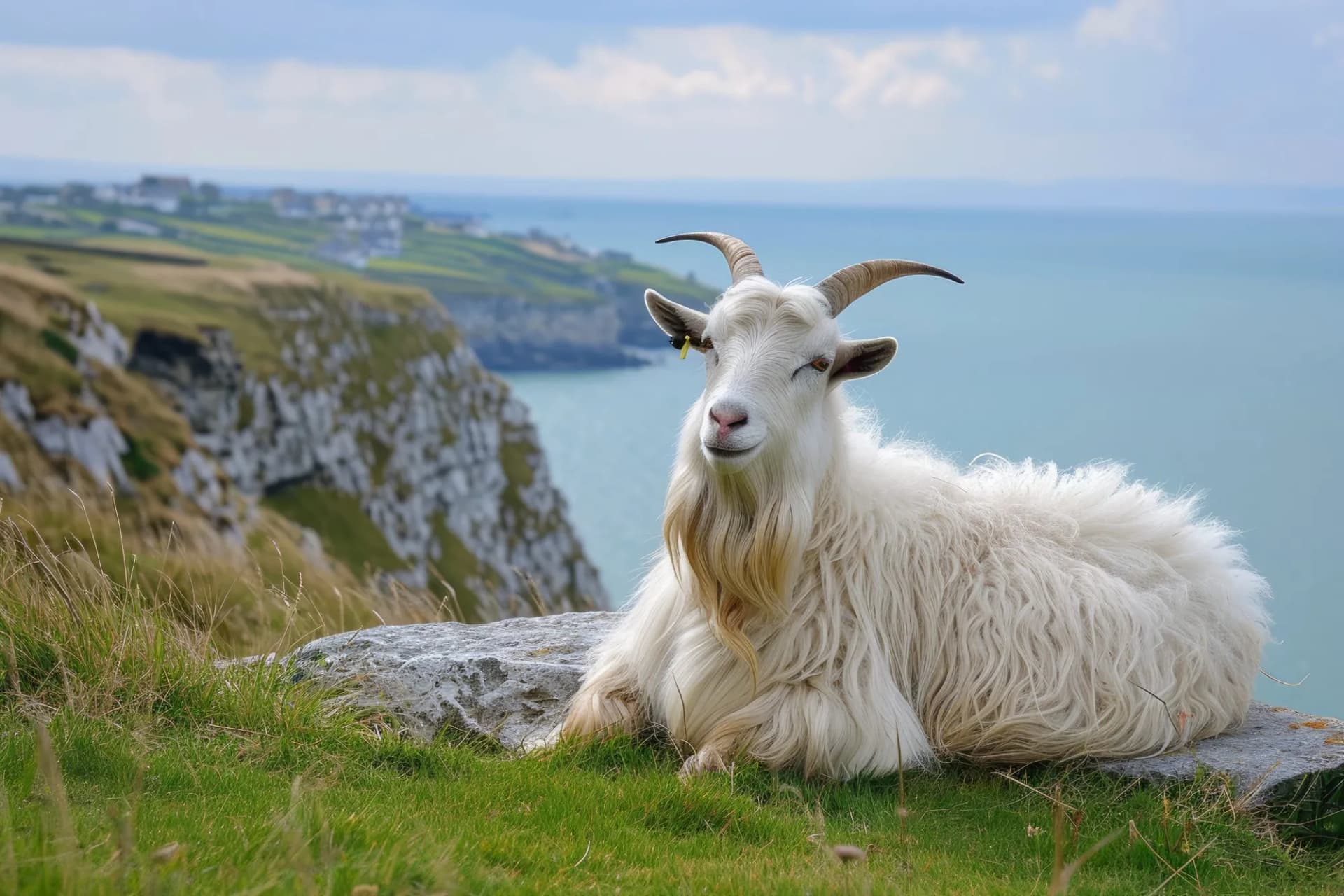 White cashmere goat resting on grassy cliff edge overlooking the sea at Great Orme, North Wales.