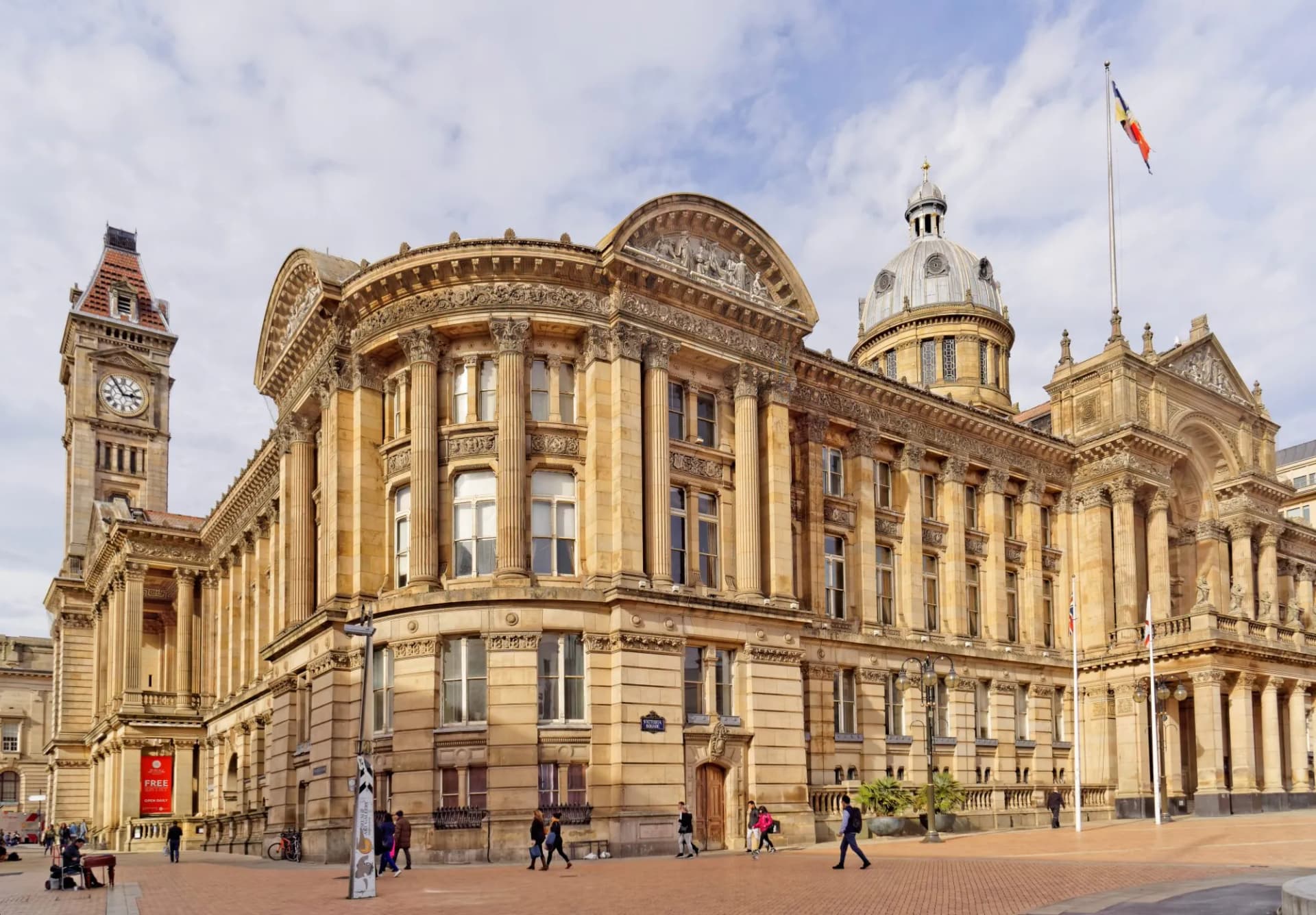 Birmingham City Council and Museum Art Gallery on Victoria Square, UK, with clock tower.