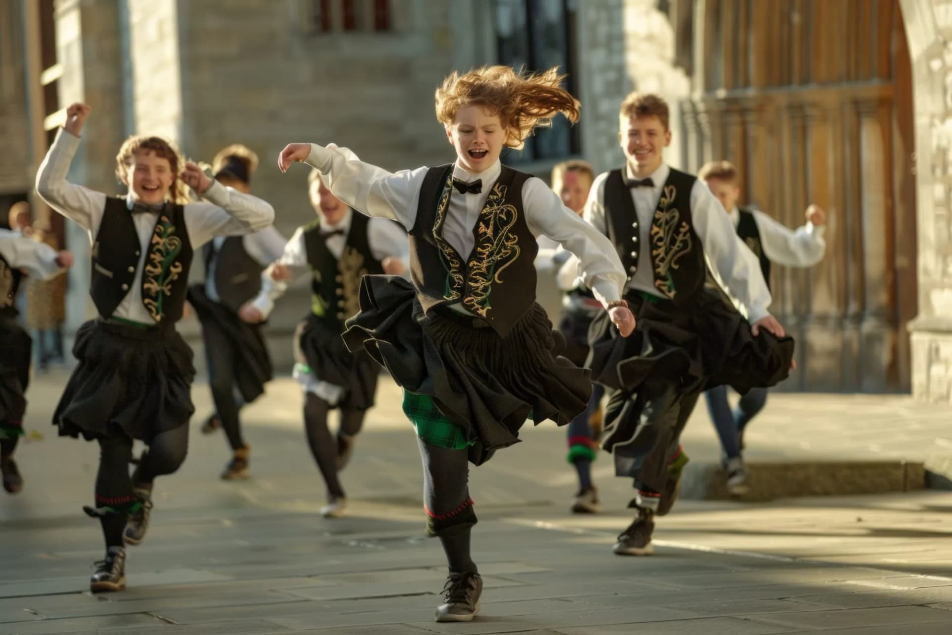 Irish dance troupe members energetically tapping and dancing in a sunlit historic street.