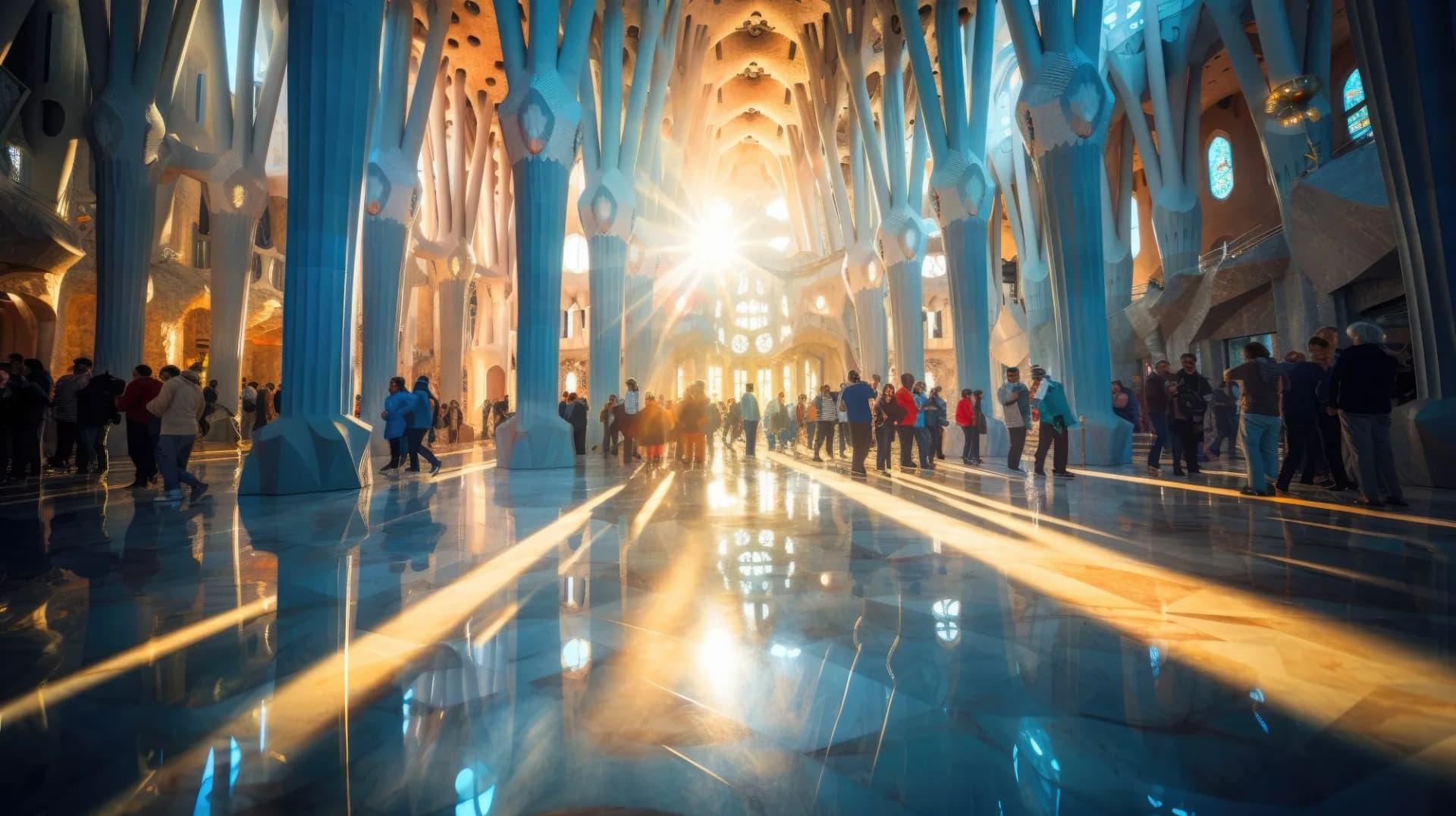 Interior of Sagrada Familia in Barcelona with sunlight streaming through windows onto the reflective floor.
