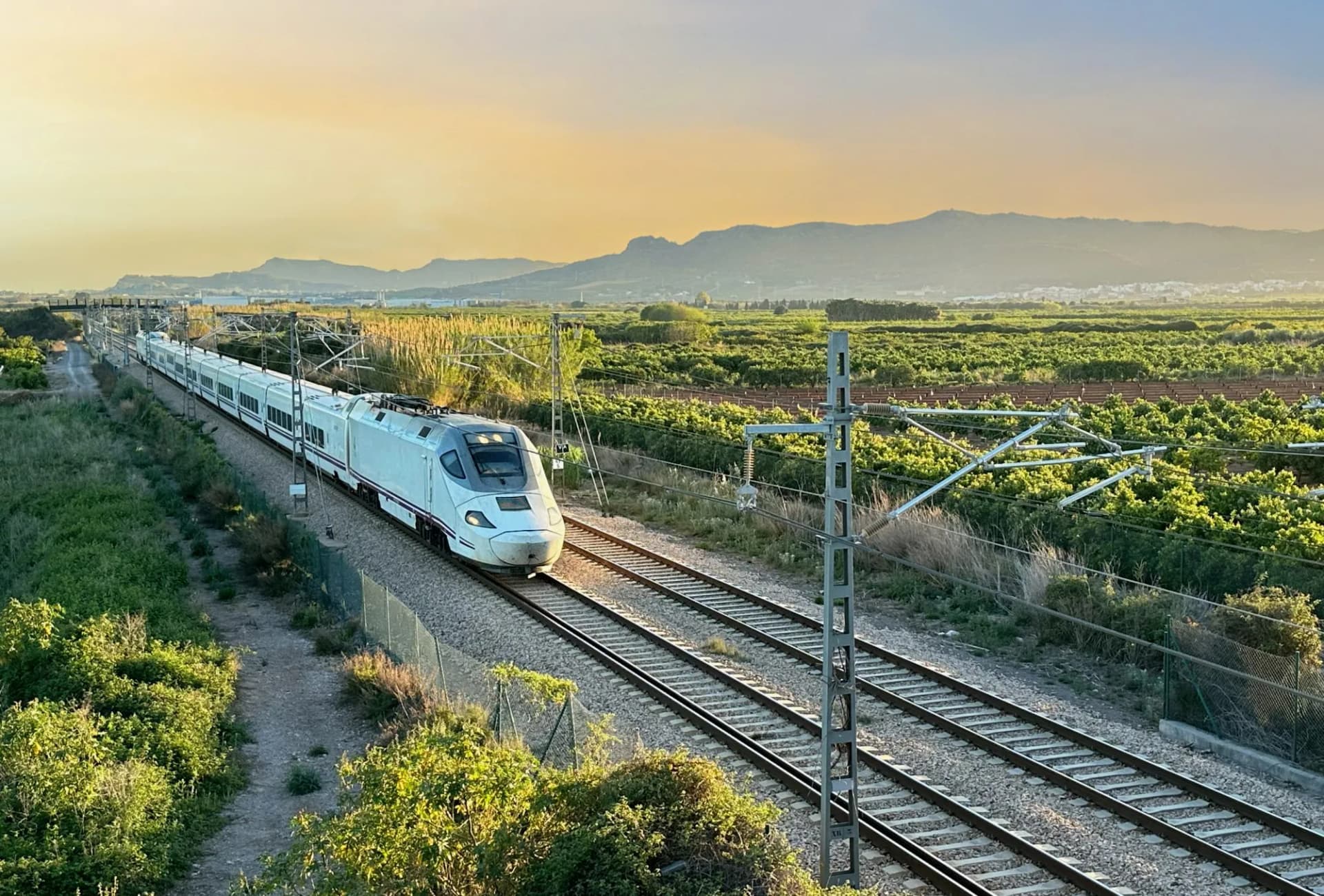 High-speed train on Valencia railroad tracks through green fields at sunset with mountains.