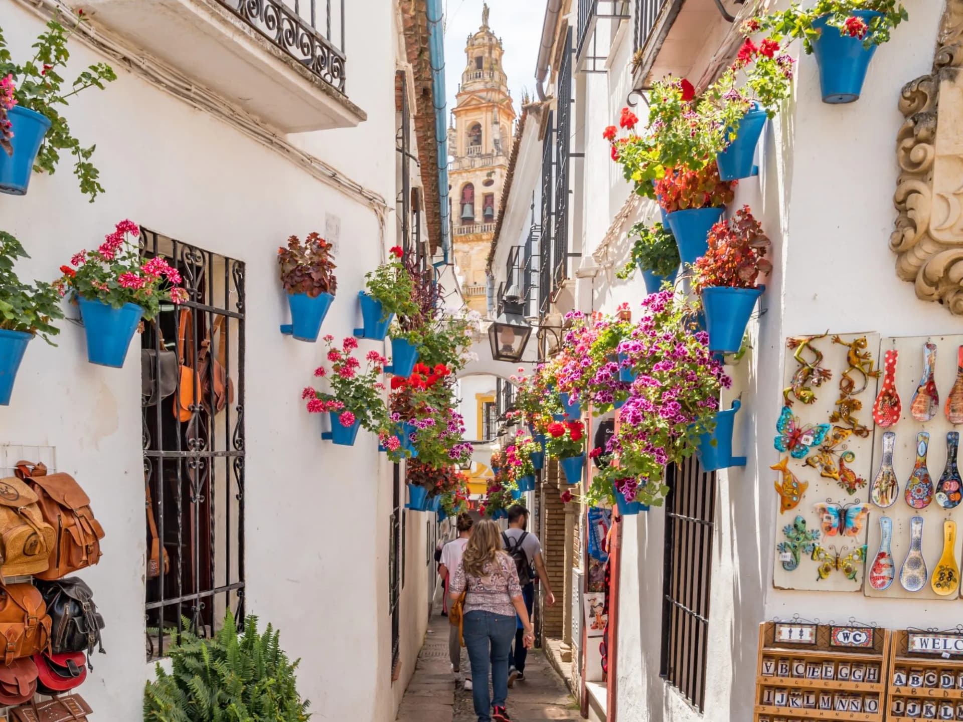 Narrow Calleja de las Flores street in Cordoba, Spain, with white walls, blue flower pots, and a bell tower view.