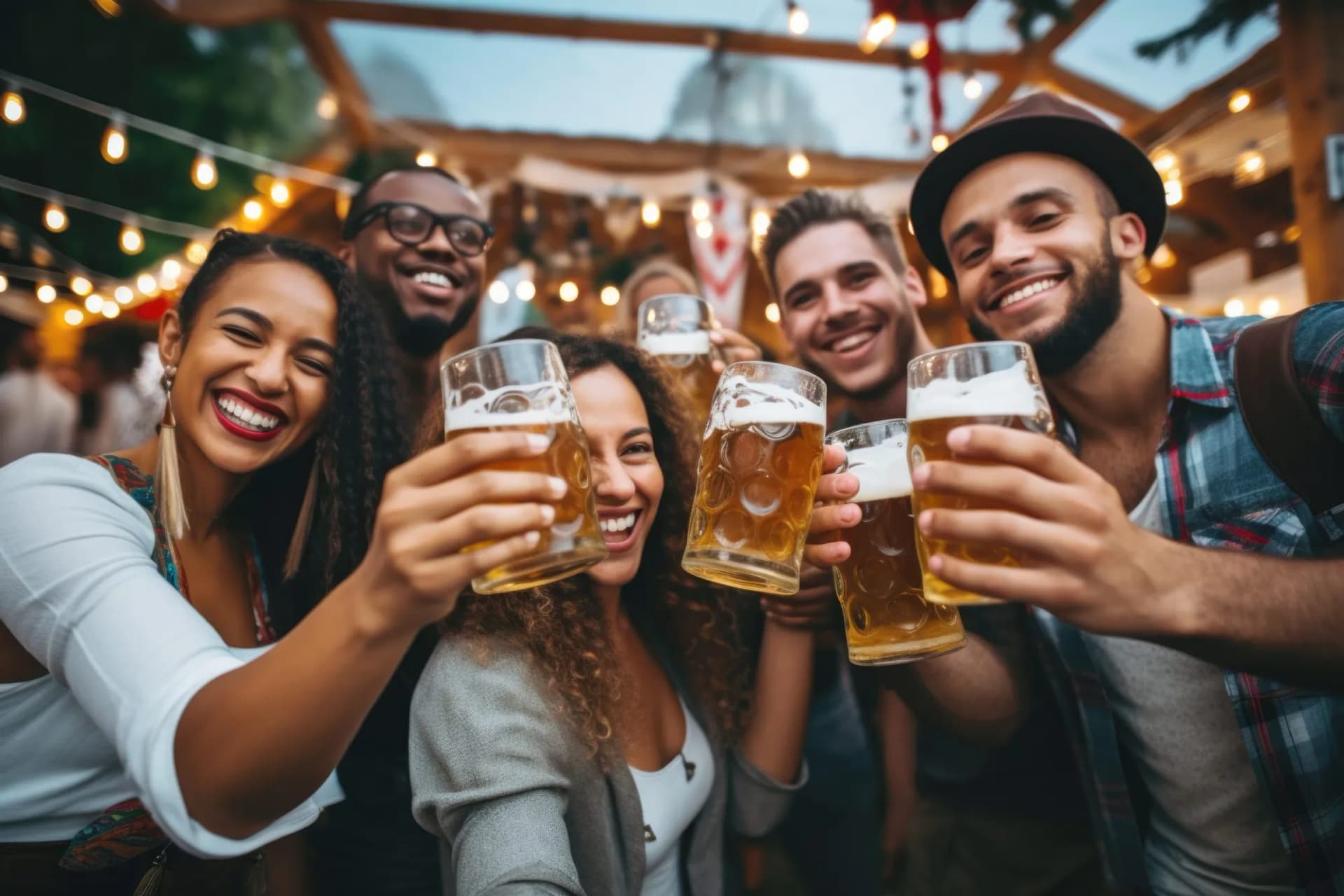 Group toasting with large beer steins at an outdoor festival with string lights.