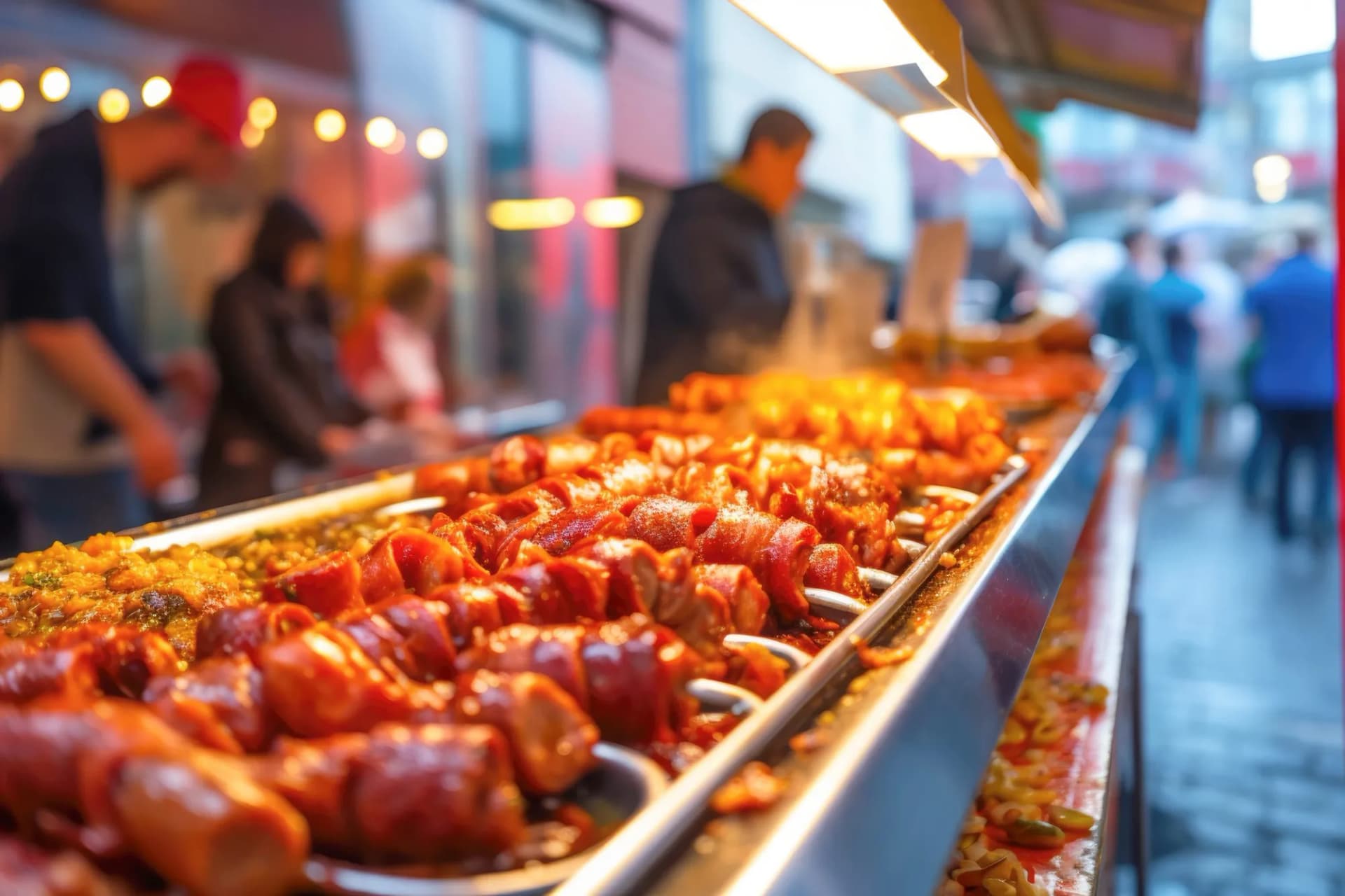 Grilled Currywurst sausages and curry sauce at a fast-food stand in Germany