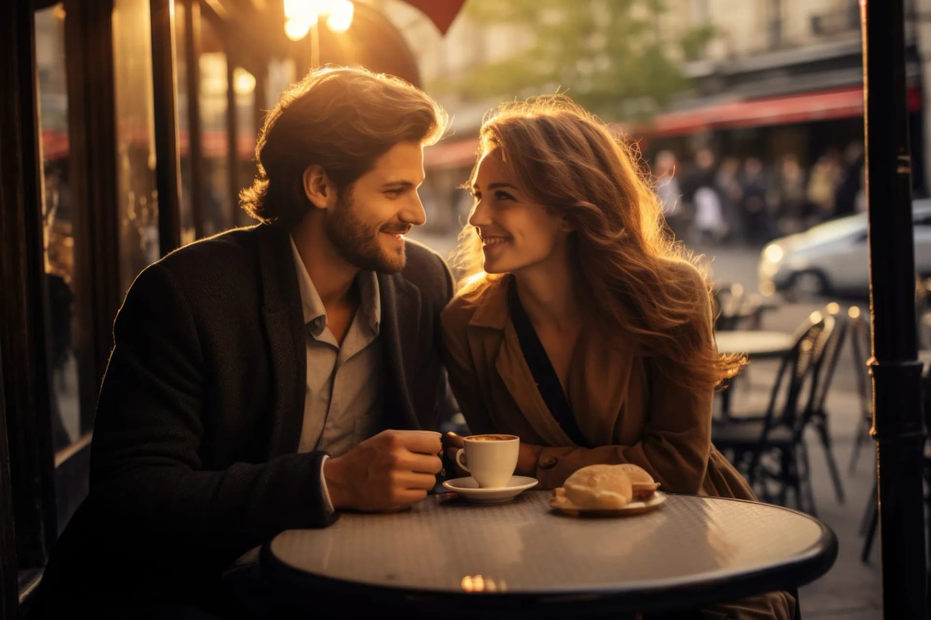 Loving couple sharing coffee and pastries at an outdoor Parisian cafe with warm sunset lighting.