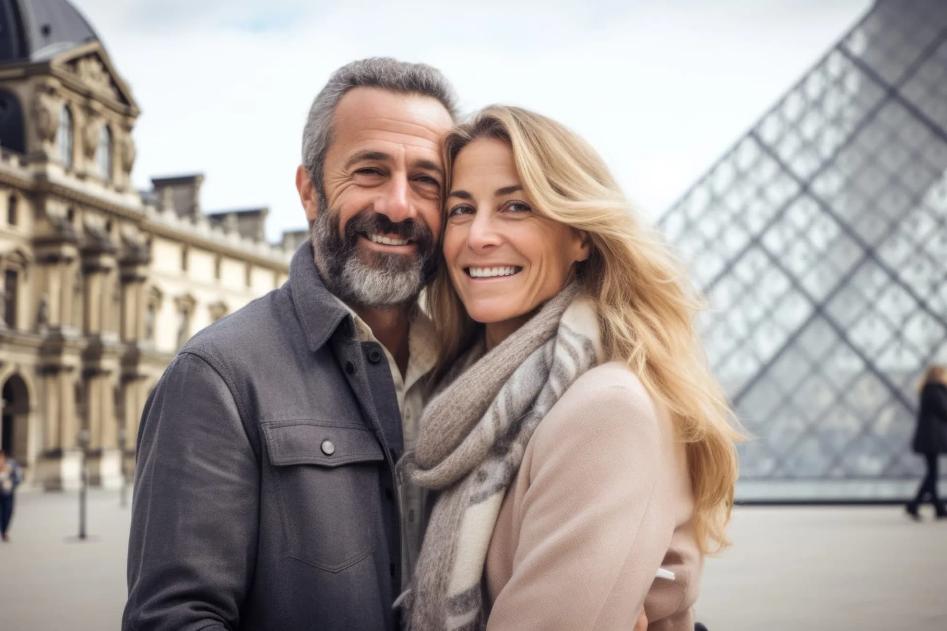 Couple smiling in front of the Louvre Pyramid and historic building in Paris, France