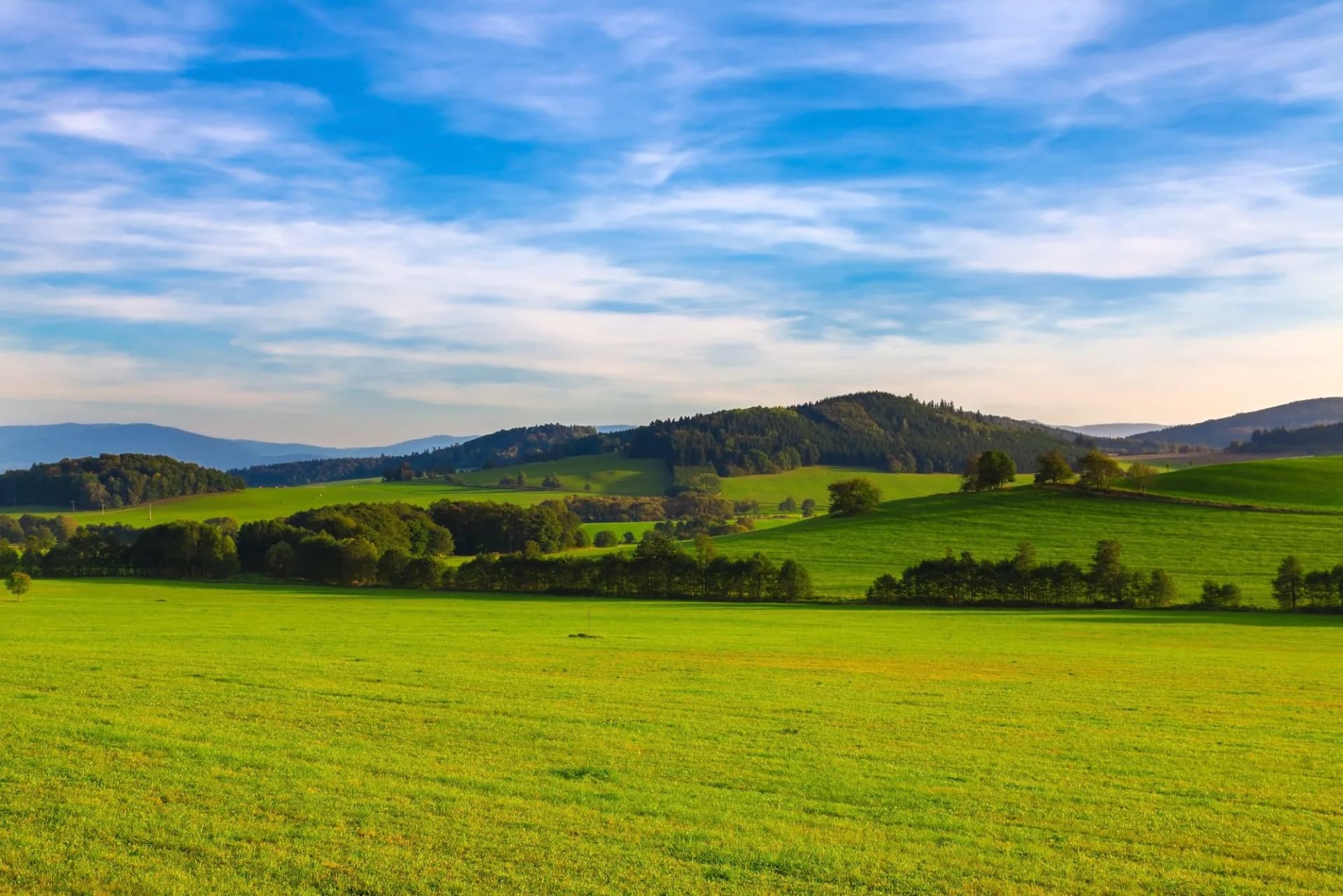 Rolling green spring landscape with bright blue sky and distant forested hills in the Czech Republic.