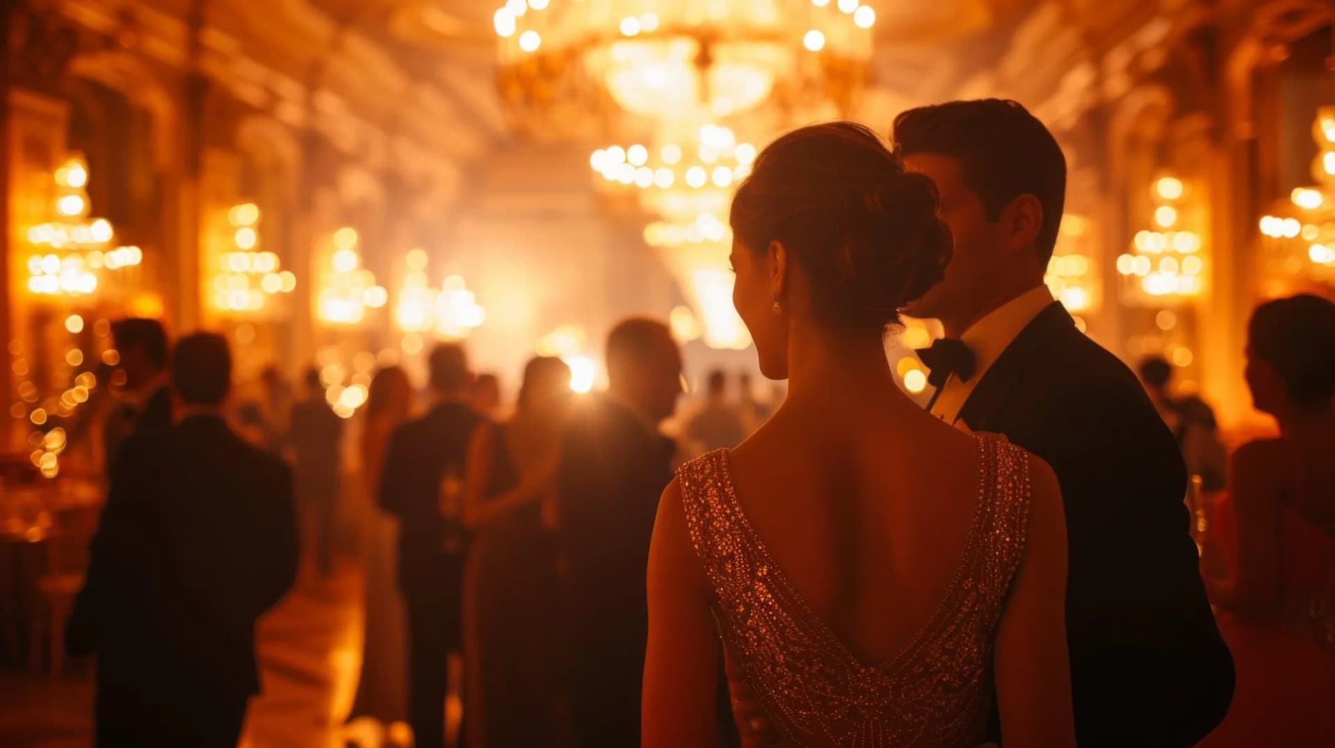 Couple in formal attire at a warmly lit indoor gala with chandeliers and blurred guests.