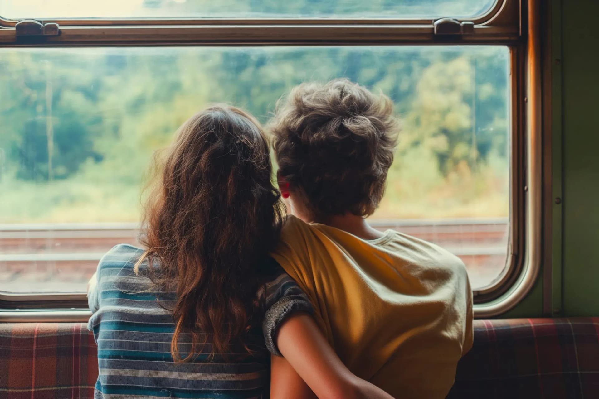 Young couple looking out of a train window at green scenery while traveling