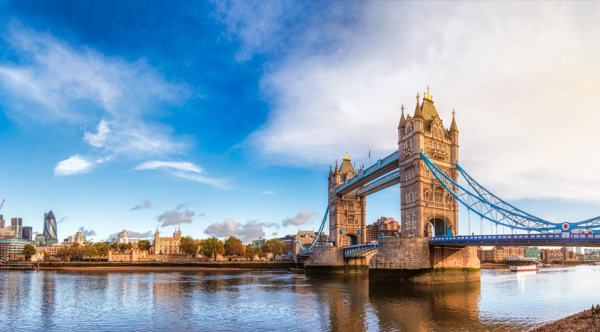 London cityscape panorama with River Thames Tower Bridge and Tower of London in the morning light