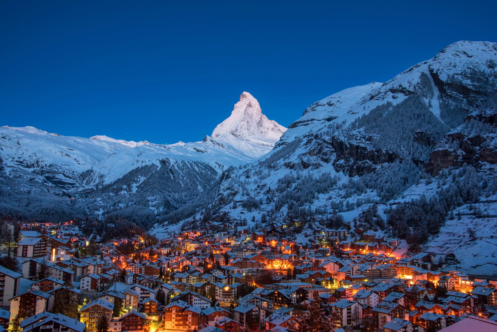 Early Morning landscape View on Zermatt city village Valley and Matterhorn Peak in the Morning, Switzerland