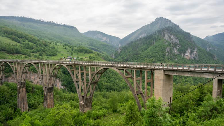 Montenegro Express Viaduct spanning a deep gorge surrounded by lush green mountains under a cloudy sky.