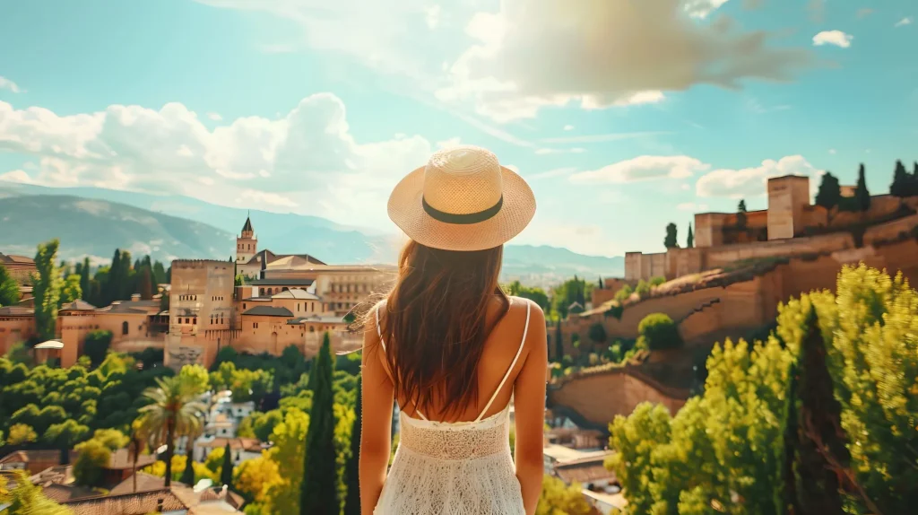 Bella turista giovane donna che cammina nella città di Granada strada in estate, Spagna, turismo viaggio vacanze concetto in Europa