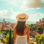 Bella turista giovane donna che cammina nella città di Granada strada in estate, Spagna, turismo viaggio vacanze concetto in Europa